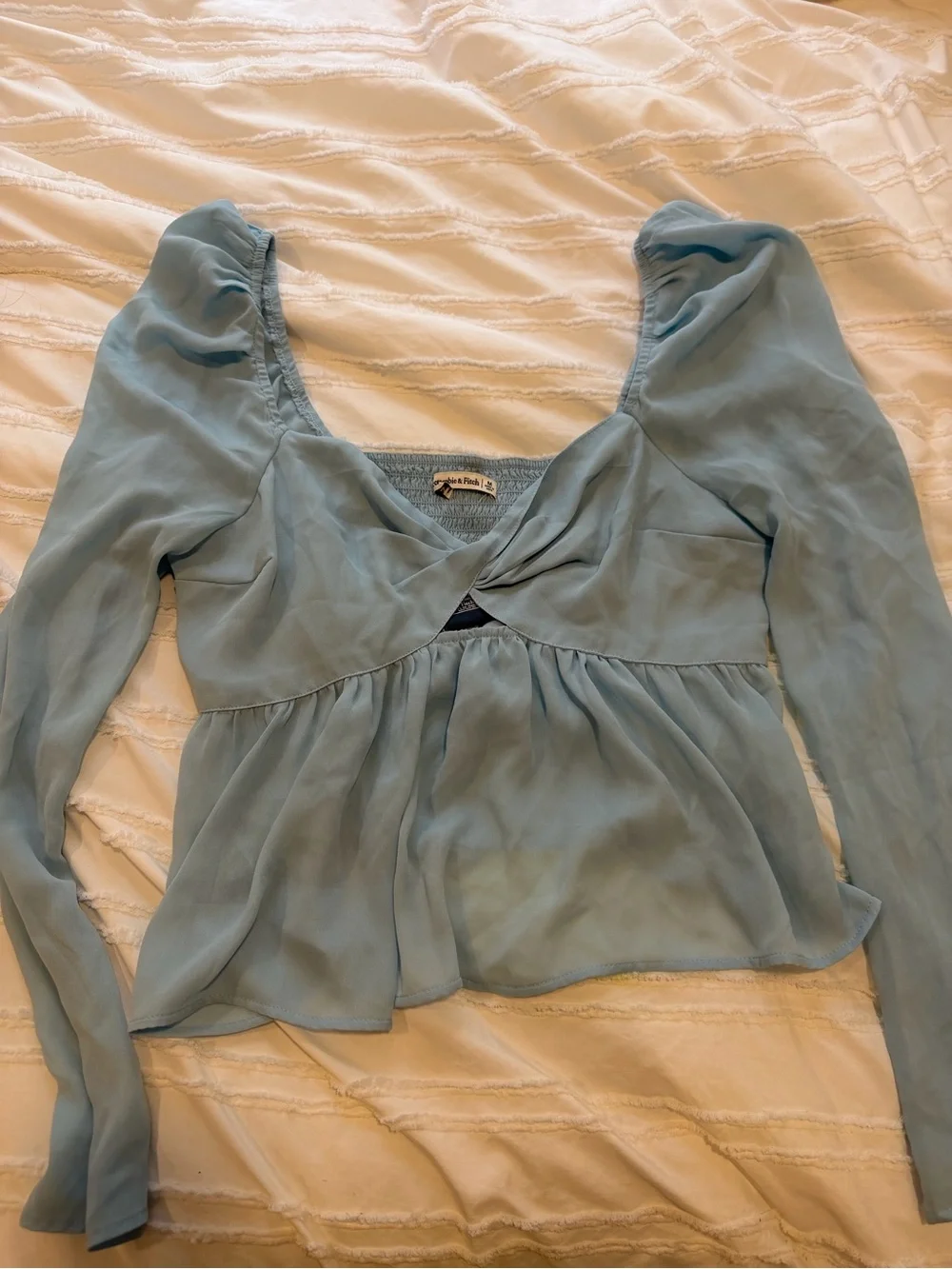 Abercrombie & Fitch Dusty Blue Puff-Sleeve Peplum Top